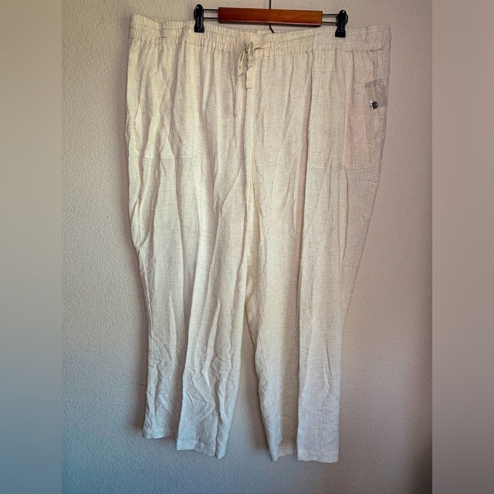 NWT Multiples SlimSation Natural Cream Linen Drawstring Crop Wide Leg Pants 3X